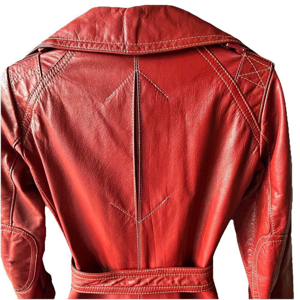 VTG 70s Sears JR Bazaar Leather Trench Coat Women's 7 Rust Red Retro Chic Disco - Picture 12 of 16